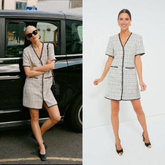 Pomander Place NEW White Tweed Retro Josephine Mini Dress in White Black Size M - Picture 12 of 14